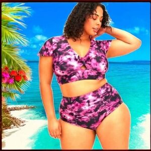 Torrid  Plus Size Tie Dye Fuchsia & Black High Waist Ruched Two Piece SwimSuit3X